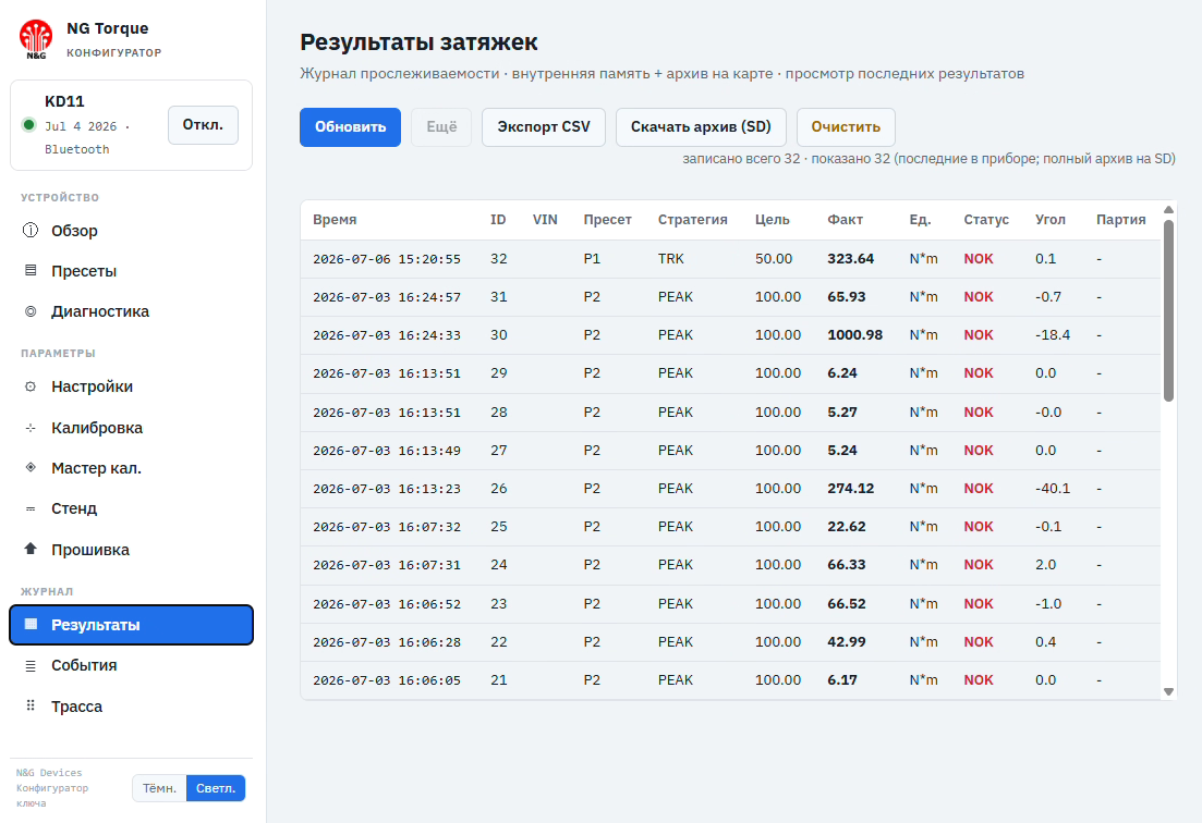 Results and traceability screen