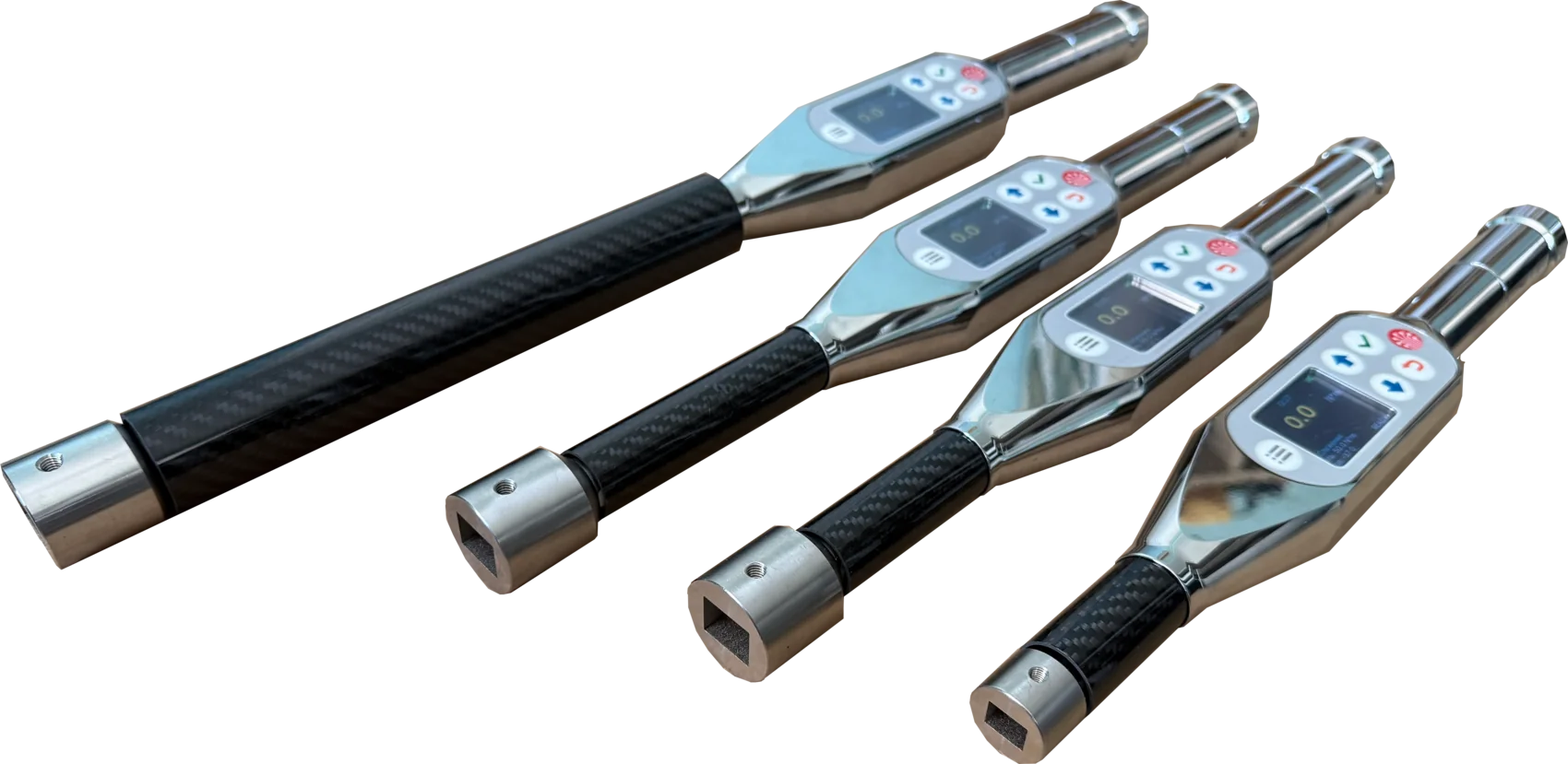 Four G&N electronic torque wrenches, from compact to high-torque, with the live display